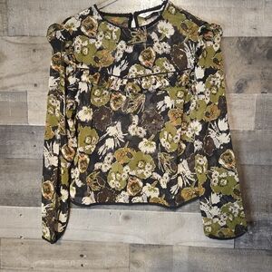 Zara Black Floral Ruffle Long-Sleeve sheer blouse